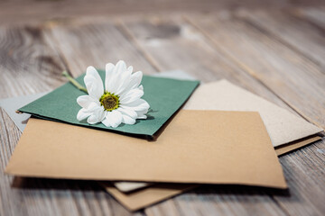 Fototapeta premium Close-up of chamomile flower on envelopes with letters.