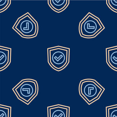 Line Shield with check mark icon isolated seamless pattern on blue background. Protection symbol. Security check Icon. Tick mark approved icon. Vector