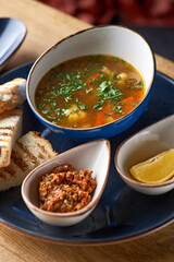 Traditional Russian Ukrainian vegetable borscht soup, menu food concept.