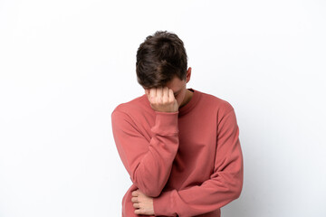 Young handsome Brazilian man isolated on white background with headache