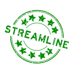 Grunge green streamline word with star icon round rubber seal stamp on white background