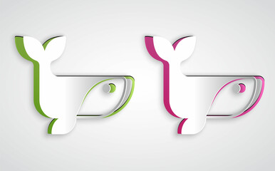 Paper cut Whale icon isolated on grey background. Paper art style. Vector