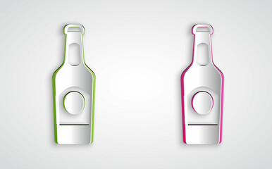 Paper cut Beer bottle icon isolated on grey background. Paper art style. Vector