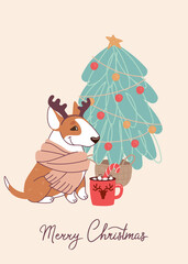 Cute dog bull terrier on christmas card. Vector greeting card in flat style.