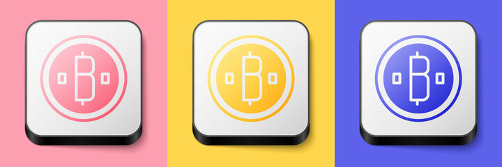 Isometric Cryptocurrency coin Bitcoin icon isolated on pink, yellow and blue background. Physical bit coin. Blockchain based secure crypto currency. Square button. Vector