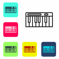 Black line Music synthesizer icon isolated on white background. Electronic piano. Set icons in color square buttons. Vector