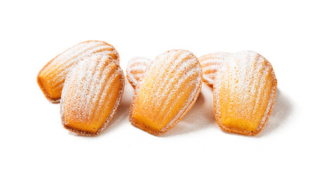 Perfect French madeleine cookies, buttery and delicate, powdered with icing sugar. Isolated on white background. Top view