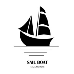 sailing boat in the middle of the sea with calm waves logo vector illustration design