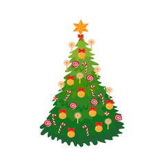 Vector flat christmas tree with candles and toys