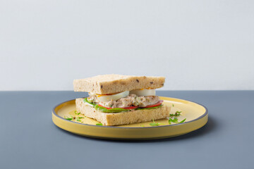 Healthy Tuna Sandwich with eggs tomato and salad in yellow plate on grey trendy colors