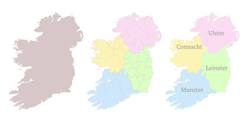 Provinces of Ireland map. Detailed outline and silhouette. Administrative divisions and counties. Set of vector maps. All isolated on white background. Template for design and infographics.