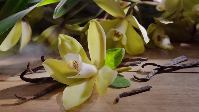 Vanilla orchid flower with vanilla sticks on a vintage wooden table with green leaves in the background. Vanilla gives off a "scent" in the form of small smoke clouds. Slow panoramic camera movement.
