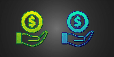 Fototapeta premium Green and blue Money with shield icon isolated on black background. Insurance concept. Security, safety, protection, protect concept. Vector