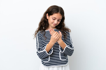 Little caucasian girl isolated on white background suffering from pain in hands