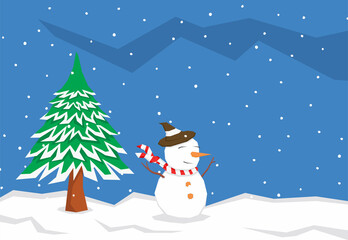 An illustration of a snowman in the snowy mountain
