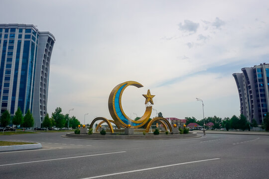Argun, Chechnya, Russia - June 13, 2020: Monument Crescent and Star