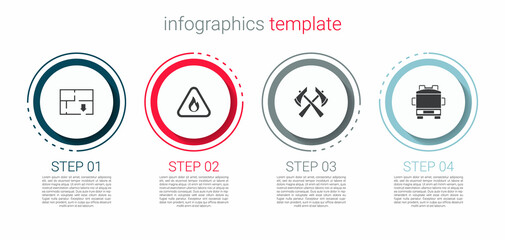 Set Evacuation plan, Fire flame in triangle, Firefighter axe and truck. Business infographic template. Vector