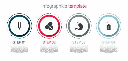 Set Medical thermometer, Medicine pill or tablet, Human stomach and Eye drop bottle. Business infographic template. Vector