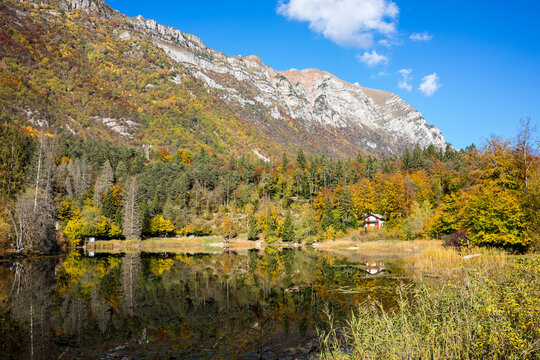 Scenic view of calm Cei lake among beautiful nature at autumn in  Italy