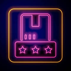 Glowing neon Consumer or customer product rating icon isolated on black background. Vector