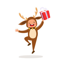 Vector flat boy in christmas reindeer costume xmas