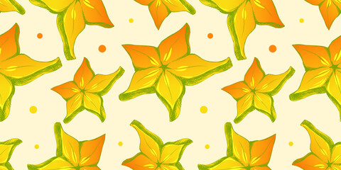 Fototapeta na wymiar Seamless pattern of exotic carambola fruit in bright colors. Illustration for advertising, packaging or publishing recipes. Culinary fruit illustration