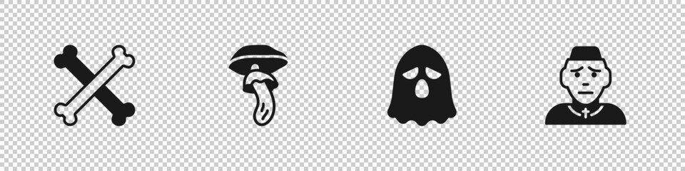 Set Crossed bones, Psilocybin mushroom, Ghost and Priest icon. Vector