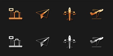 Set Scale with suitcase, Paper airplane, Plane and takeoff icon. Vector