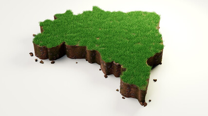 3d render of a map of Brazil with grass texture on a white background