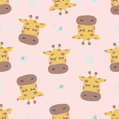 Seamless pattern of cute giraffe faces on pink background. Baby and child desigh.