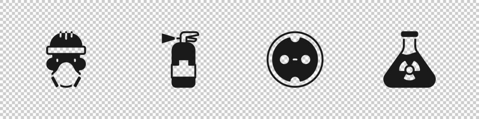 Set Nuclear reactor worker, Fire extinguisher, Electrical outlet and Test tube radiation icon. Vector