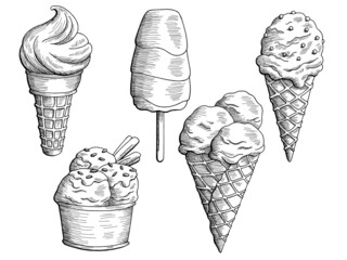 Ice cream dessert graphic black white isolated set sketch illustration vector 