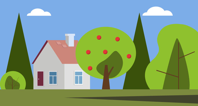 Abstract vector illustration of summer landscape with house and trees. Idea for wallpaper, holiday greeting cards, postcards .