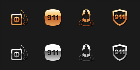 Set Electric wiring of socket in fire, Emergency call 911, Firefighter and icon. Vector