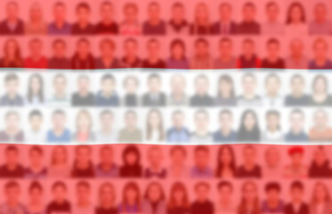 Portraits of many people on the background of the flag of Austria. The concept of the population and demographic state of the country.