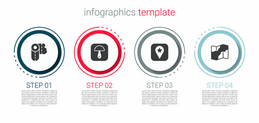 Set Paper towel roll, Mushroom, Location for camping and Camping and hiking map. Business infographic template. Vector