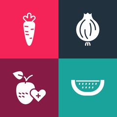 Set pop art Watermelon, Healthy fruit, Garlic and Carrot icon. Vector