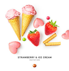 Strawberry ice cream, fresh berries and macaroon hearts.