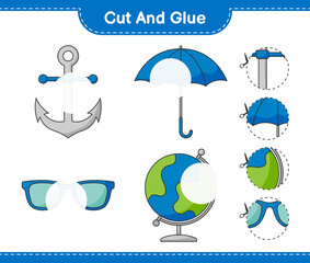Cut and glue, cut parts of Globe, Sunglasses, Umbrella, Anchor and glue them. Educational children game, printable worksheet, vector illustration