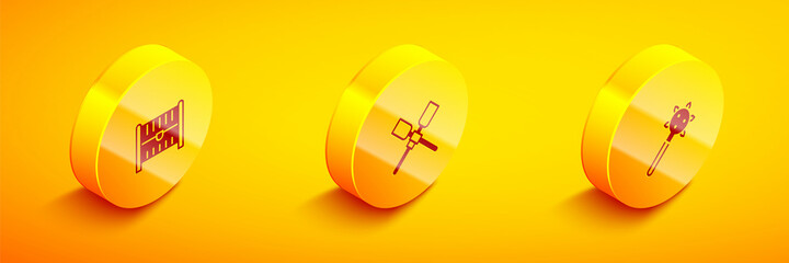 Set Isometric Antique treasure chest, Oars or paddles boat and Mace with spikes icon. Vector