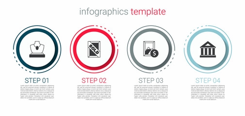 Set Auction jewelry sale, painting sold, and Museum building. Business infographic template. Vector