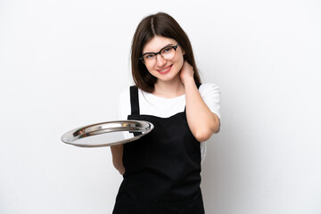 Young Russian woman chef with tray isolated on white background laughing