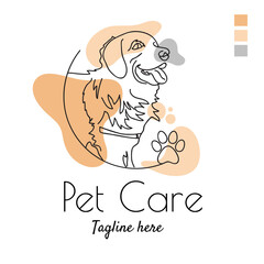 Pet care or shop abstract logo of cute dog line art vector illustration with dummy text on white background.