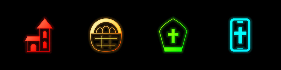 Obraz premium Set Church building, Basket with easter eggs, Pope hat and Christian cross on phone icon. Vector