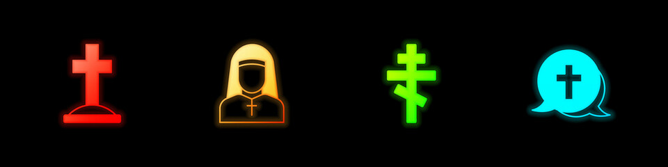 Set Grave with cross, Nun, Christian and icon. Vector