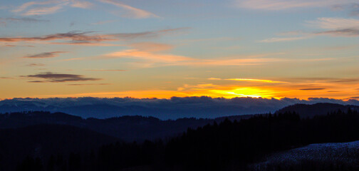 Sunset in the Karkonosze Mountains, seen from the Dłużec tower / Poland