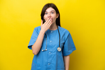 Young surgeon doctor Russian woman isolated on yellow background happy and smiling covering mouth with hand