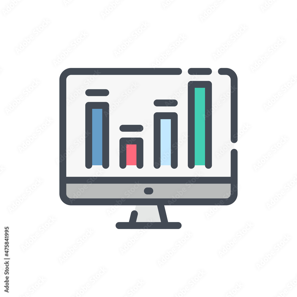 Poster Online statistics and analytics report color line icon. Computer with graph chart vector outline colorful sign.