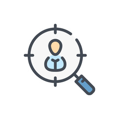 Target audience search color line icon. Target magnifier with person inside vector outline colorful sign.