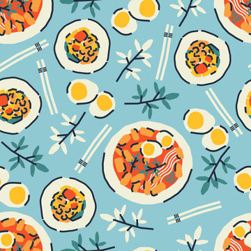 Seamless pattern with traditional Korean food. Rice cakes tteokbokki, boiled eggs, herbs, kimbap. Vector background, wrapping paper, fabric in cartoon style